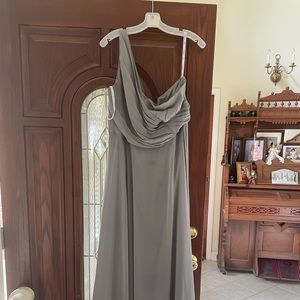 David’s Bridal charcoal gray bridesmaid gown